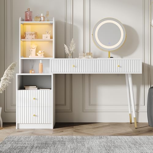 Schminktisch-Set mit dreifarbigem LED-Spiegel, Vier Schubladen,1 beleuchteten Schrank mit Glastür,1 offenen Staufach, weiß, Maße: 100 x 40 x 125 cm (ohne Hocker) von Mielvu