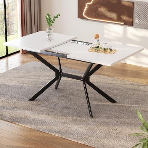 Weißer Erweiterbarer Esstisch 120/160 * 80cm, Tischbeine aus schwarzem Metall, Weiss Rechteckiger Esstisch, Geeignet für Vier bis sechs Personen von Mielvu