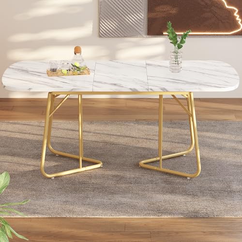 Weißer erweiterbarer Esstisch mit Marmorstruktur, vergoldete Metall-Tischbeine, erweiterbarer Esstisch140/180*80 cm, exquisiter Luxus-Stil, weißer rechtwinkliger Esstisch, geeignet für 4–6 Person von Mielvu