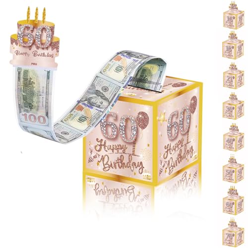 Geldgeschenke Geburtstag Überraschungsbox für Frauen 60 Geburtstag Surprise Box,Rosegold DIY Geburtstag Geschenkverpackung Geldgeschenke Verpackung,Rosa Gold Geldgeschenk Happy Birthday Tortendeko von Mienocol