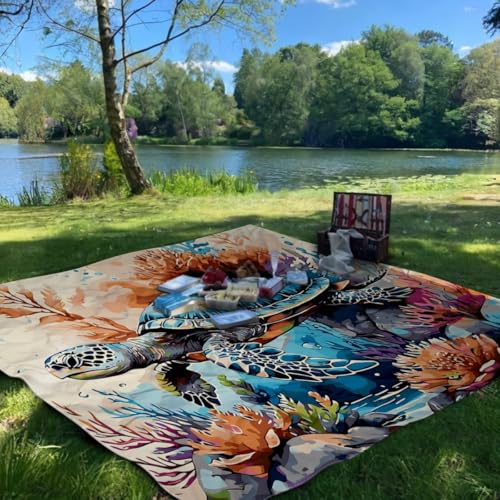 Mifeiwukawa Stranddecke, sanddicht, groß, Picknickdecke, kompakte Strandmatte, sandfrei, faltbar, leicht, Campingmatte für Outdoor, Garten, Park, Wandern (Cartoon-Schildkröte, 200 x 200 cm) von Mifeiwukawa