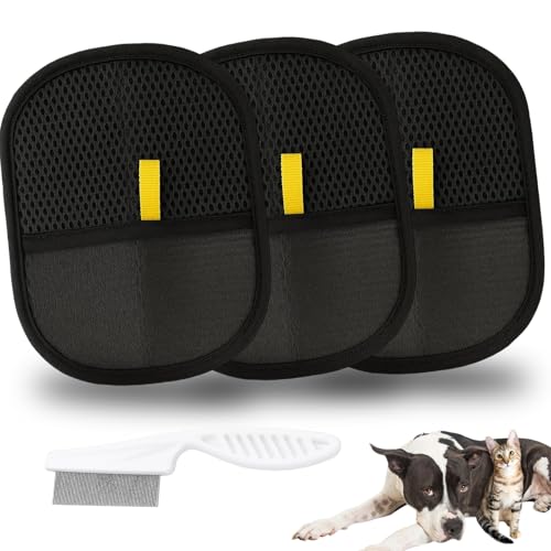 3 Stück Tierhaarentferner Handschuh und Flohkamm, Fell Magnet Handschuh für Katzen & Hunde, Wiederverwendbar, Haarentfernung Handschuh Tiere für Couch, Möbel, Teppich von MigWoo