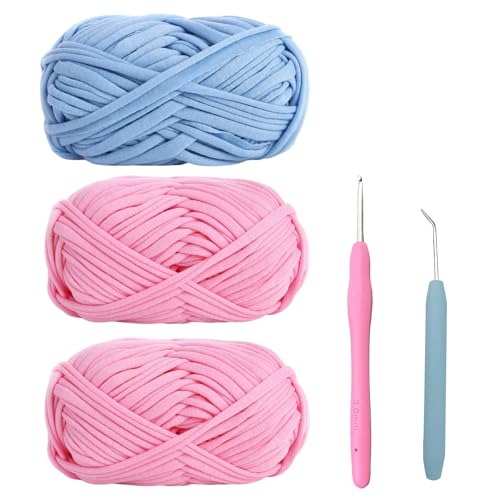 Häkelgarn Baumwolle 3x50g - Wolle Zum Häkeln Weich & Dick Für Anfänger - Häkelwolle Chenille Inkl. 2 Häkelnadeln - Für Amigurumi, Decken - Rosa & Hellblau von MigWoo