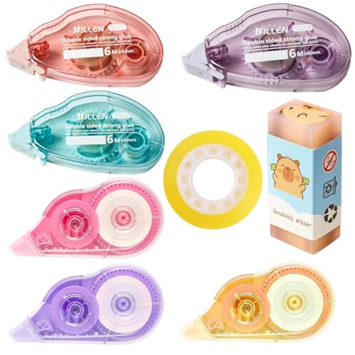 MigWoo 8 Stück Kleberoller Maus Set, 6x Doppelseitiger Fotokleber Roller (6mm X 6m/8m) + 1 Radierer + 1 Klebeband,Mit Transparenter Hülle, Journal Zubehör Für Scrapbooking, Fotoalben, Karten Basteln von MigWoo