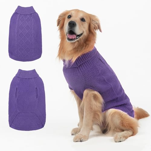 Mihachi Rollkragenpullover für Hunde, Wintermantel, klassische Zopfstrickkleidung mit Loch für die Leine für kaltes Wetter, ideales Geschenk für Haustiere im Neujahr, Hellviolett, Größe L von Mihachi