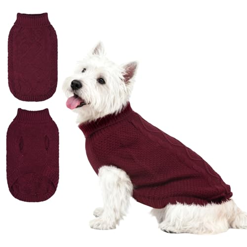 Mihachi Rollkragenpullover für Hunde, Wintermantel, klassische Zopfstrickkleidung mit Loch für die Leine für kaltes Wetter, ideales Geschenk für Haustiere im Neujahr, Weinrot, Größe XS von Mihachi