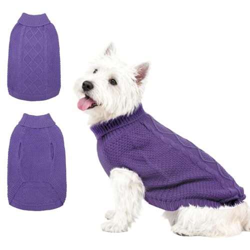 Mihachi Rollkragenpullover für Hunde, Wintermantel, klassische Zopfstrickkleidung mit Loch für die Leine für kaltes Wetter, ideales Geschenk für Haustiere zu Neujahr, Hellviolett, Größe XS von Mihachi