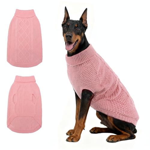 Mihachi Rollkragenpullover für Hunde – Wintermantel, klassische Zopfstrickkleidung mit Loch für die Leine für kaltes Wetter, ideales Geschenk für Haustiere, Neujahr, Rosa, Größe 3XL von Mihachi