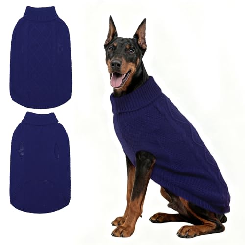 Mihachi Rollkragenpullover für Hunde – Wintermantel, klassische Zopfstrickkleidung mit Loch für die Leine für kaltes Wetter, ideales Geschenk für Haustiere im Neujahr, Marineblau, Größe 3XL von Mihachi