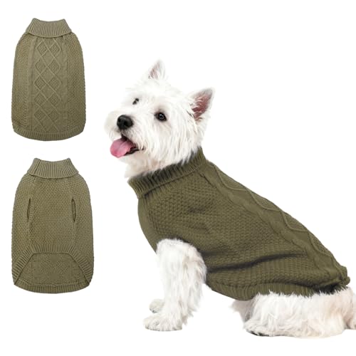 Mihachi Rollkragenpullover für Hunde – Wintermantel, klassische Zopfstrickkleidung mit Loch für die Leine für kaltes Wetter, ideales Geschenk für Haustiere zu Neujahr, Armeegrün, Größe S von Mihachi