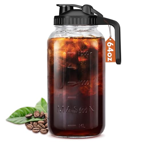 Mihlapi Glaskrug mit Deckel, 1,8 l Einmachglas, Krug doppelt auslaufsicher, 2 Quart Muttermilch-Aufbewahrungsbehälter für Kühlschrank, breite Öffnung, Glas für Sonnentee, Saft, kaltgebrühten Kaffee von Mihlapi