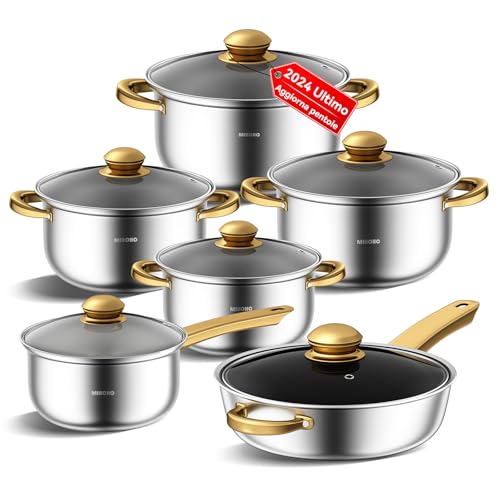 Edelstahl-Kochgeschirr-Set, 12-teiliges Kochgeschirr-Set, ungiftiges Kochset mit Stay-Cool-Griffen, funktioniert mit Induktion/Elektro-Kochfeldern und (Gold K) von Mihoho
