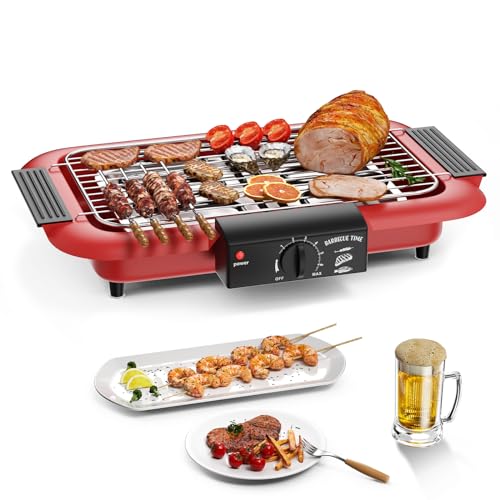 Elektrogrill, rauchfreier Antihaft-Grill, für den Innen- und Außenbereich, abnehmbarer, leistungsstarker, tragbarer Grill, 2000 W, Doppelrohr, für Grillpartys (Rot D) von Mihoho