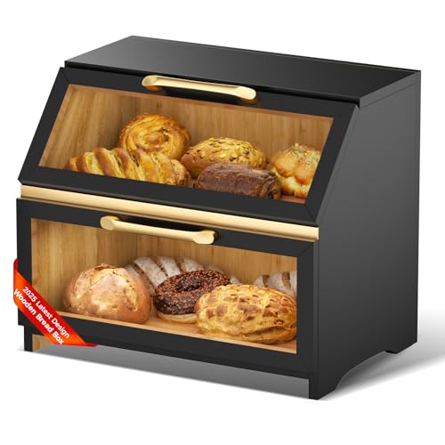 Mihoho Doppelschichtiger Brotkasten aus Holz für Küchentheke, großer Brotaufbewahrungsbehälter für hausgemachtes Brot, Bauernhaus-Brotkasten-Organizer für Küchentheke, Ecke, Schrank, Speisekammer von Mihoho