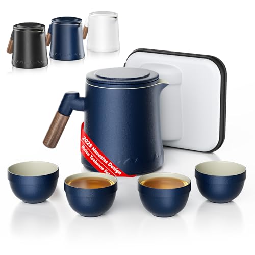 Reise Teekanne Set mit Tragetasche, Reise Teebecher und Tassen mit Deckel, tragbare Keramik Tee Set Teeservice Alles in einer Geschenktasche für Reisen, Zuhause, Geschenk, Outdoor und Büro (blau) von Mihoho