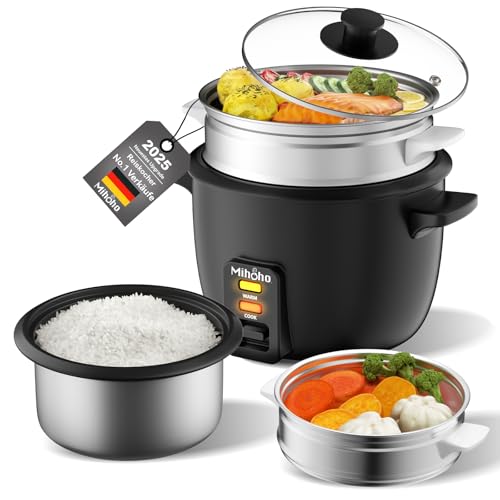 Reiskocher 2L, elektrischer Reiskocher Edelstahlschüssel mit Glasdeckel, Warmhaltefunktion |Dampfgarfunktion ，inkl Dämpfeinsatz, Löffel, Messbecher (schwarz F) von Mihoho