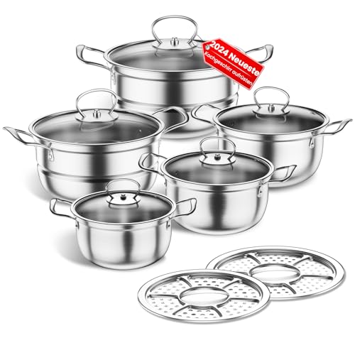 Topfset aus Edelstahl, Großes Kochgeschirr Induktion-Kochtopf-Set, Töpfe mit Glasdeckel und Stielkasserolle, 12-teilig, Töpfe Set Geeignet für alle Herdarten (klassisches Silber) von Mihoho