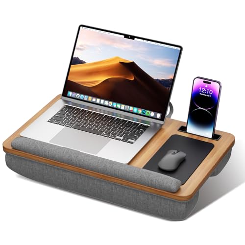 Tragbarer Laptop-Schreibtisch, passend für Laptops bis zu 43,2 cm (17 Zoll), mit Anti-Rutsch-Streifen und Handyhalterung, leichtes Knietablett, Tisch mit Kissen für Couch und Bett, Buche D von Mihoho