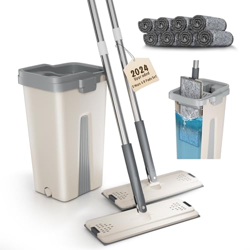 Wischmopp Set mit Eimer, Hände frei Flacher Bodenwischer mit 8 Mikrofaser Pads, Household Reinigungswerkzeug mit 2-Kammer Design Separates sauberes/schmutziges Wasser (Doppelmopp hellgrau) von Mihoho