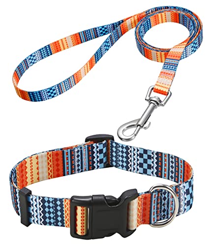 Mihqy Hundehalsband und Leine Set, Verstellbares, Weich & Komfort Nylon Hunde Halsband für Kleine Mittlere Große Hunde Welpen Katzen(Böhmische Orange Set,L) von Mihqy