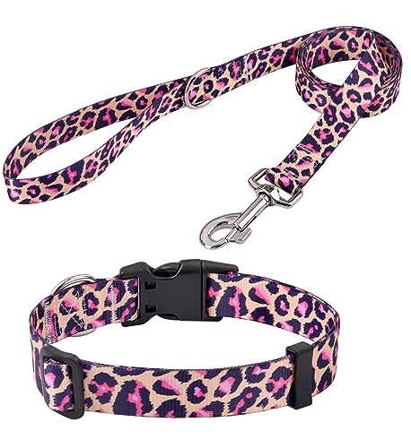 Mihqy Hundehalsband und Leine Set, Verstellbares, Weich & Komfort Nylon Hunde Halsband für Kleine Mittlere Große Hunde Welpen Katzen(Rosa Leopard Set,L) von Mihqy