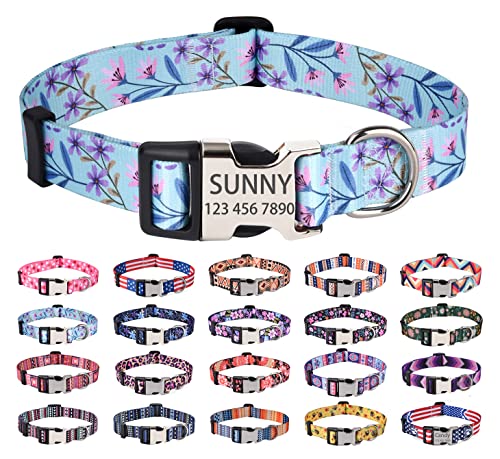 Mihqy Personalisierte Hundehalsbänder mit Eingraviertem Namen und Telefonnummer, 10 Colors& 4 Größen für Kleine, Mittlere und Große Hunde(Lila + Rosa Blume,L) von Mihqy