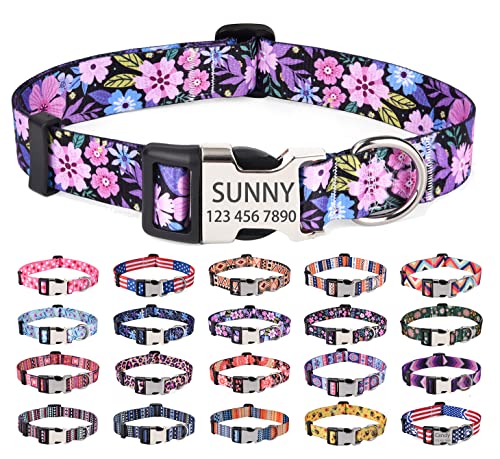 Mihqy Personalisierte Hundehalsbänder mit Eingraviertem Namen und Telefonnummer, 10 Colors& 4 Größen für Kleine, Mittlere und Große Hunde(Rosa Blume,L) von Mihqy
