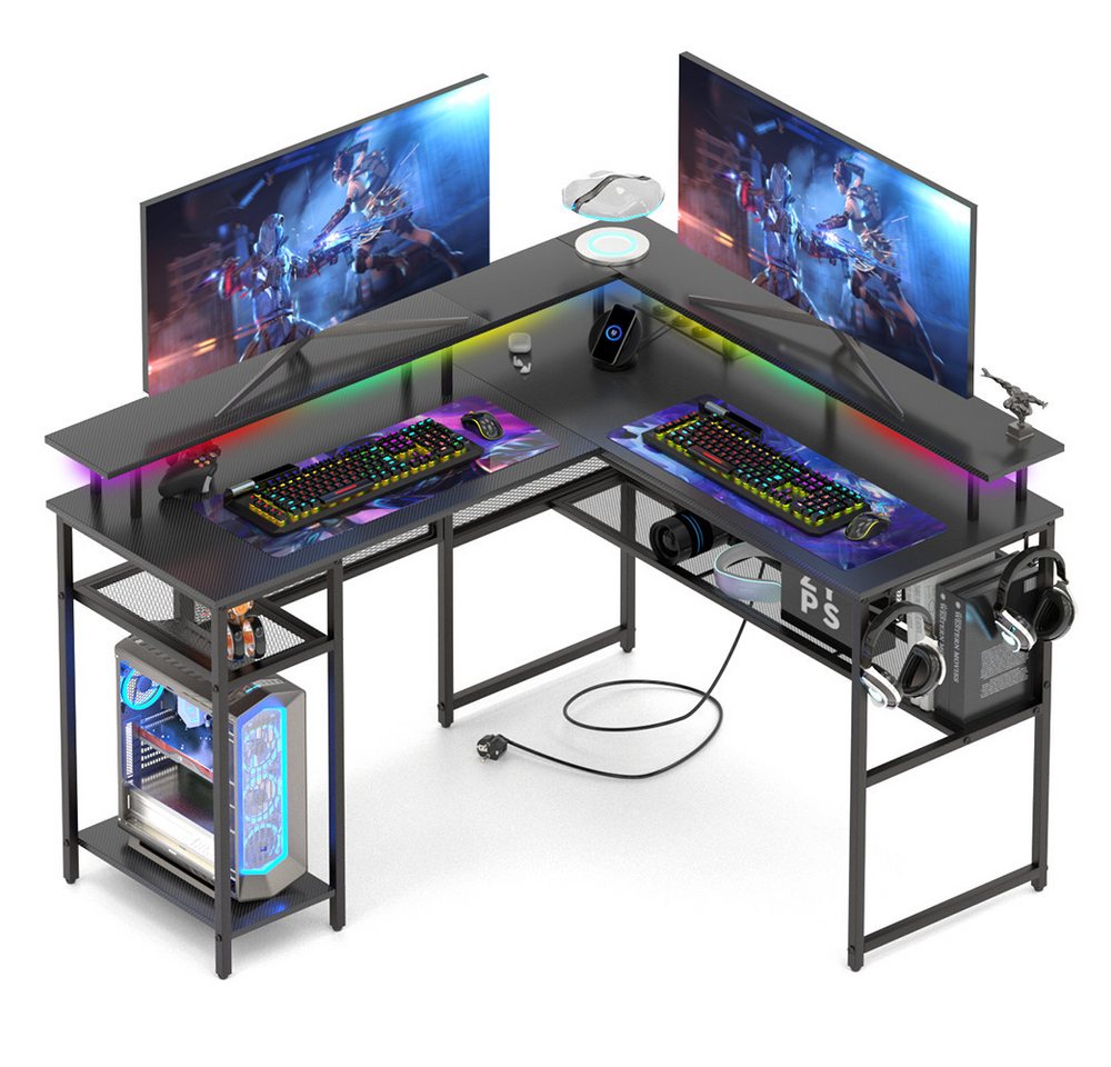 Mihtrov Schreibtisch Gaming Tisch Eckschreibtisch L Form 136 x 118 x 75cm (1-St), mit Regal USB-Ladeanschluss und Steckdose von Mihtrov