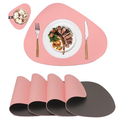 Platzsets Abwaschbar Leder,Tischsets Rund Abwaschbar Oval,Tischset Lederoptik,Place Mats Table,Doppelseitigen Platzset und Untersetzer 4er Set rutschfest Platzdeckchen Abwaschbar(Rosa&Grau) von MiiDD