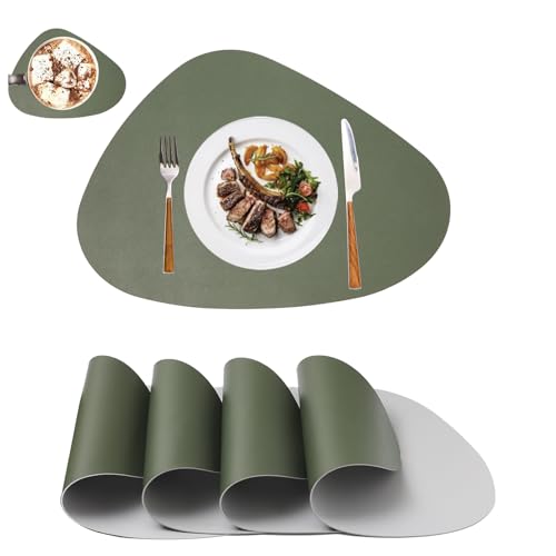 Tischsets Abwaschbar und Untersetzer,Platzsets Abwischbar Leder,Hitzebeständig Doppelseitigen Platzset 4er Set rutschfest Platzdeckchen Kunstleder(Grün&Grau) von MiiDD