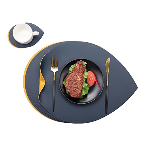 Platzdeckchen Abwaschbar und Untersetzer 6er,Tischsets Platzsets Abwaschbar Leder,Platzsets Abwischbar Leder,Platzset 6er Set Lederoptik Platzdeckchen Kunstleder,Place Mats Table(Blau&Gelb) von MiiDD