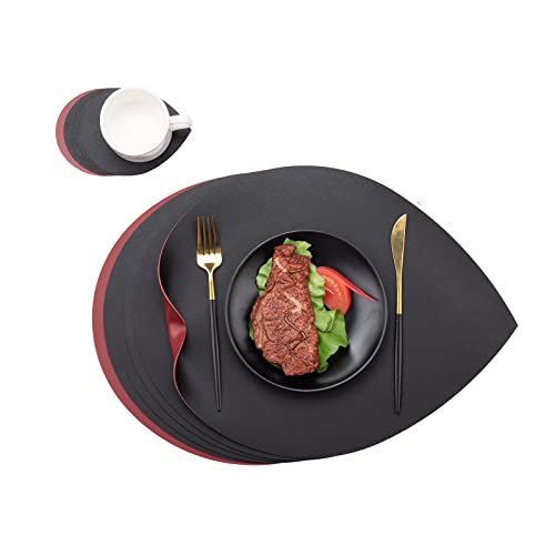 Platzdeckchen Abwaschbar und Untersetzer 6er,Tischsets Platzsets Abwaschbar Leder,Platzsets Abwischbar Leder,Platzset 6er Set Lederoptik Platzdeckchen Kunstleder,Place Mats Table(Schwarz&Rot) von MiiDD