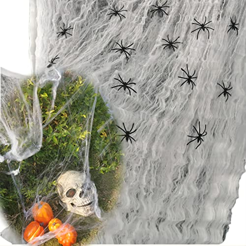 Spinnennetz Halloween Deko Outdoor,Halloween Spinnen Deko,100G Weiß Baumwolle Spinnen 20,4.5cm,18-20 Quadratmeter Große Spinnennetz im Gefälschten,Horror Dekoratio für Karneval,Party,Tisch,Garten von MiiDD