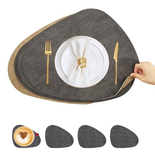 Tischsets Abwaschbar und Untersetzer,Platzsets Abwischbar Leder,Hitzebeständig Doppelseitigen Platzset 4er Set rutschfest Platzdeckchen Kunstleder(Dunkelgrau Braun) von MiiDD