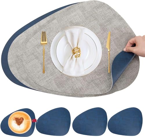 Tischsets Abwaschbar und Untersetzer,Platzsets Abwischbar Leder,Hitzebeständig Doppelseitigen Platzset 4er Set rutschfest Platzdeckchen Kunstleder(Hellgrau Dunkelblau) von MiiDD