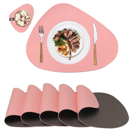 Platzsets Abwaschbar Leder,Tischsets Abwaschbar Rund,Platzdeckchen Abwaschbar Rund,Tischset Lederoptik,Doppelseitigen Platzset und Untersetzer Teller 6er Set Oval(Rosa&Grau) von MiiDD