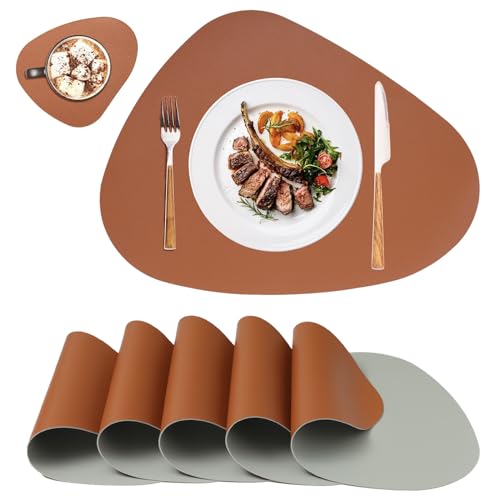 Platzsets Abwaschbar Leder,Tischsets Rund Abwaschbar Oval,Tischset Lederoptik,Place Mats Table,Doppelseitigen Platzset und Untersetzer 6er Set rutschfest Platzdeckchen Abwaschbar(Braun&Grau) von MiiDD