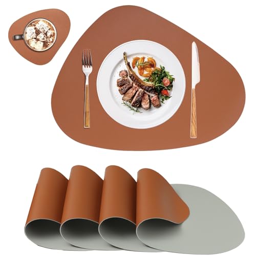 Tischsets Abwaschbar und Untersetzer,Platzsets Abwischbar Leder,Hitzebeständig Doppelseitigen Platzset 4er Set rutschfest Platzdeckchen Kunstleder(Braun&Grau) von MiiDD