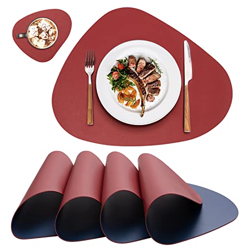 Tischsets Abwaschbar und Untersetzer,Platzsets Abwischbar Leder,Hitzebeständig Doppelseitigen Platzset 4er Set rutschfest Platzdeckchen Kunstleder(Rot&Blau) von MiiDD