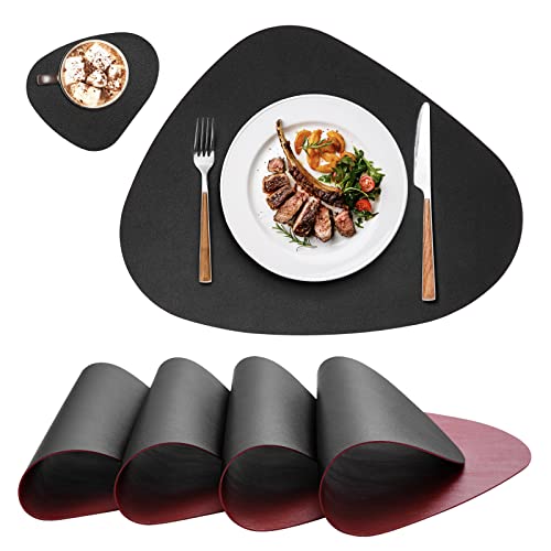 Tischsets Abwaschbar und Untersetzer,Platzsets Abwischbar Leder,Hitzebeständig Doppelseitigen Platzset 4er Set rutschfest Platzdeckchen Kunstleder(Schwarz&Rot) von MiiDD