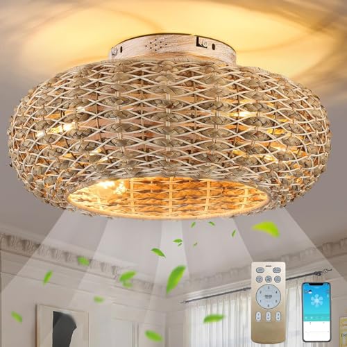 Deckenventilator Mit Beleuchtung Rattan E27 Lampe Mit Ventilator Mit Fernbedienung Und APP Leise 6 Wind Speeds Umkehrbaren Timer Deckenlampe Mit Ventilator Für Wohnzimmer Schlafzimmer Esszimmer ,50cm von MiiR