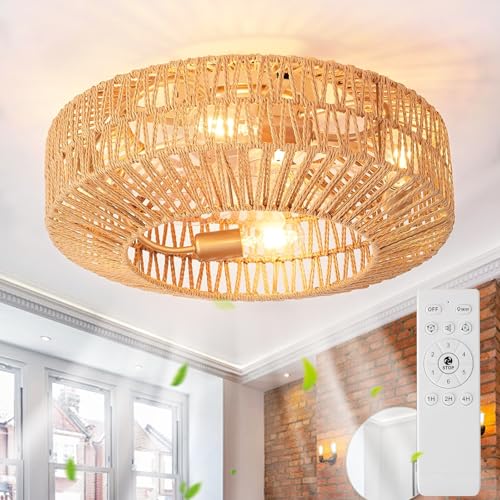 Deckenventilator Mit Beleuchtung Und Fernbedienung E27 Retro Hanfseil Deckenlampe Mit Ventilator Leise 6-Gang Reversibler Motor Lampe Mit Ventilator Für Wohnzimmer Schlafzimmer Esszimmer Licht,50cm von MiiR