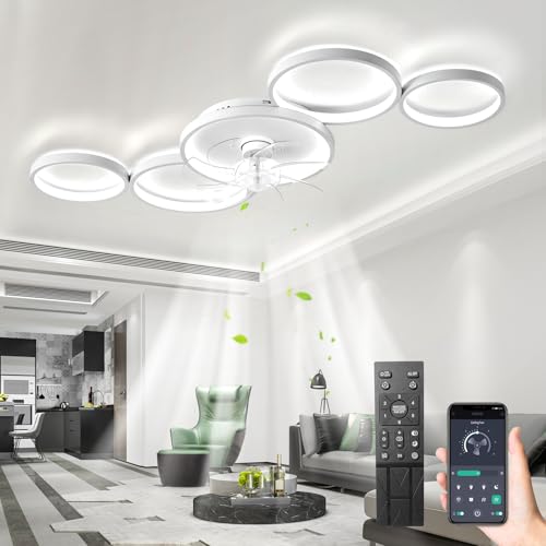 LED Deckenventilator Mit Beleuchtung 57W Deckenlampe Mit Ventilator Und Fernbedienung APP,Leise 3 Farbtemperatur 6 Geschwindigkeiten Lampe Mit Ventilator Für Schlafzimmer, Wohnzimmer (Weiß, 5 Ringe) von MiiR