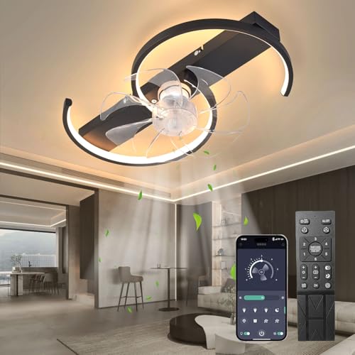 Leise Deckenventilator Mit Beleuchtung,LED 47W Dimmbar Lampe Mit Ventilator Mit Fernbedienung,Reversibel 6 Geschwindigkeiten Deckenventilator Mit Licht Für Schlafzimmer,Wohnzimmer,Schwarz 50cm von MiiR