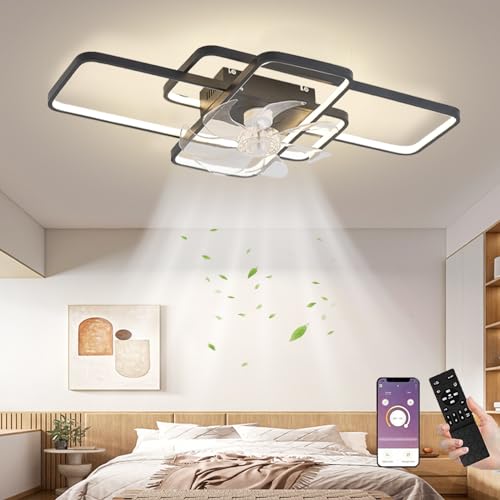 MiiR Deckenventilator Mit Beleuchtung,LED 80W Deckenventilator Mit Fernbedienung Leise Lampe Mit Ventilator Dimmbar 6 Windgeschwindigkeit Deckenleuchte Für Wohnzimmer Schlafzimmer Licht Schwarz 72cm von MiiR