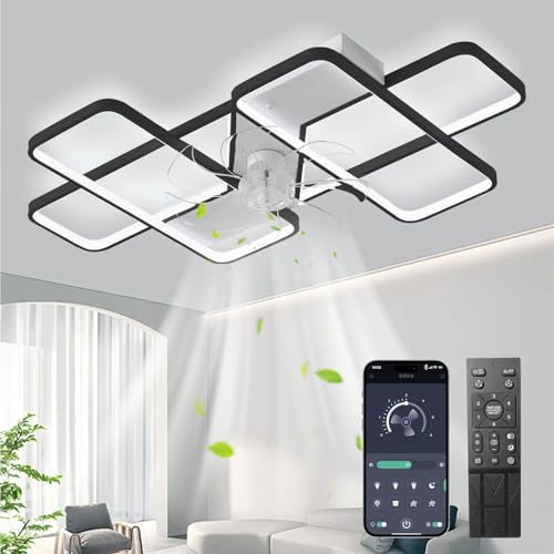 MiiR Leise Deckenventilator Mit Beleuchtung,LED Dimmbar 85W Deckenlampe Mit Ventilator 6 Windgeschwindigkeit,Timing,Reversibel Lampe Mit Ventilator Für Wohnzimmer Schlafzimmer Küche Schwarz,90cm von MiiR
