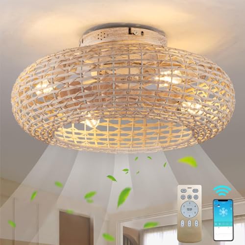 MiiR Deckenventilator Mit Beleuchtung Rattan E27 Lampe Mit Ventilator Mit Fernbedienung Und APP Leise 6 Wind Speeds Timer Deckenlampe Mit Ventilator Für Wohnzimmer Schlafzimmer Esszimmer Licht,50cm von MiiR