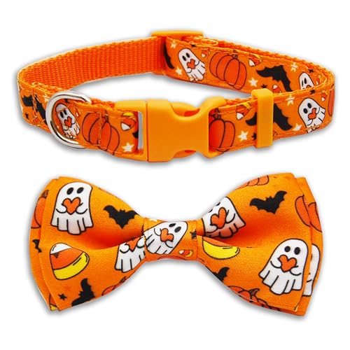 Halloween-Hundehalsband, verstellbar, mit Geist, Fledermaus und Zuckermais-Druck, Orange, festliche Fliege, strapazierfähige Schnalle, weiches Nylon, für kleine bis große Hunde von Miiemiu
