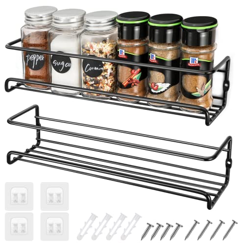 Miiepls 2er Set Gewürzregal, Gewürzregal Wand Metall Ohne Bohren mit 4 Selbstklebende Haken und Schrauben, Spice Rack für Küche Schranktür, Schwarz von Miiepls