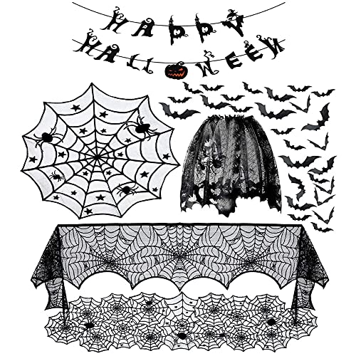 Halloween Tischläufer, Halloween Tischdeko, Spinnweben Party Schwarz Tischband mit Spitze Tisch Läufer Tischdecke Spinnen Accessories, Fledermaus für Halloween Party und Halloween Tischset(72×18in) von Miioto